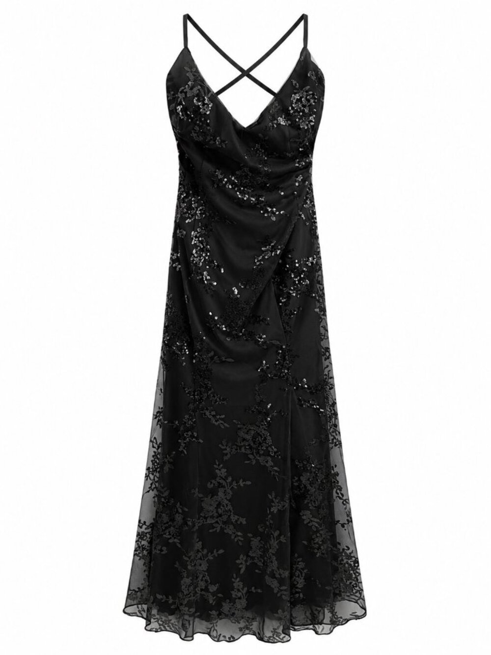 Black Sequin Sleeveless A-Line Maxi Dress With Cross-Back Straps Polyester